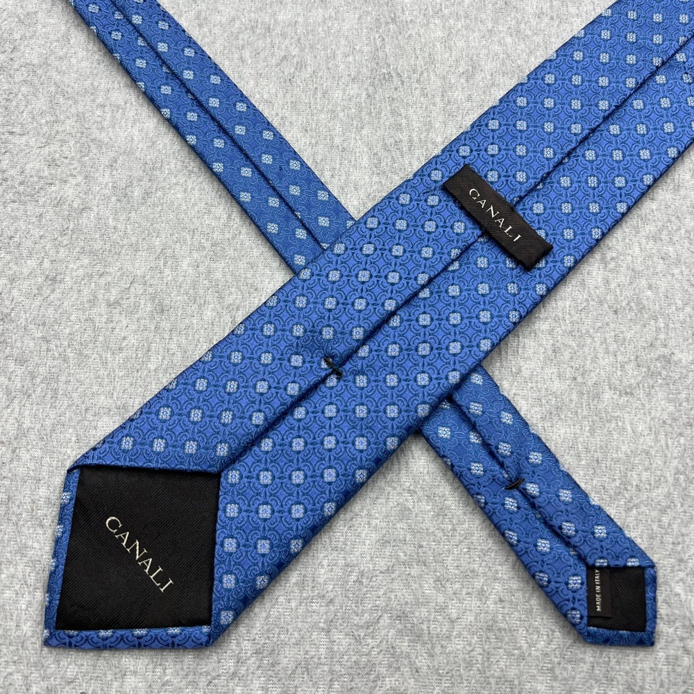 Canali 100% Silk Tie Blue Geometric Jacquard Woven Necktie Made in Italy Luxury